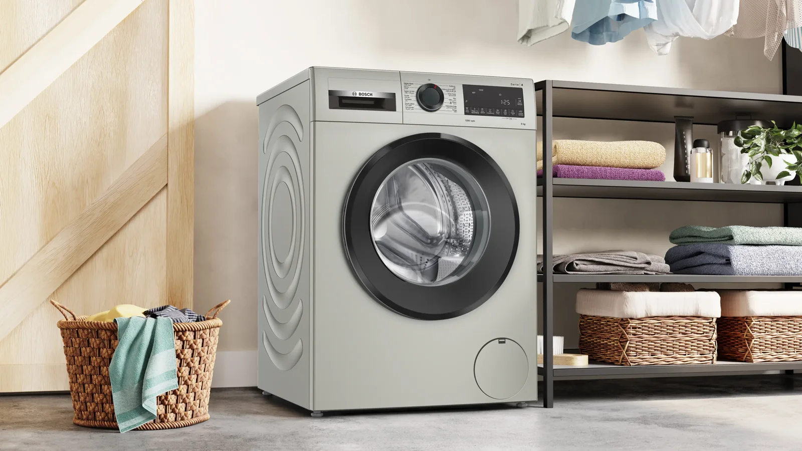 Bosch washing machine in a modern laundry room